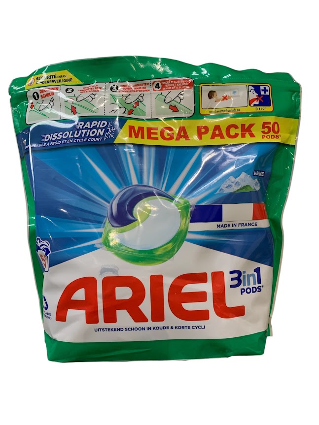 Ariel 3en1 Pods Alpine – 50 capsules – Nettoyage puissant et parfum intense