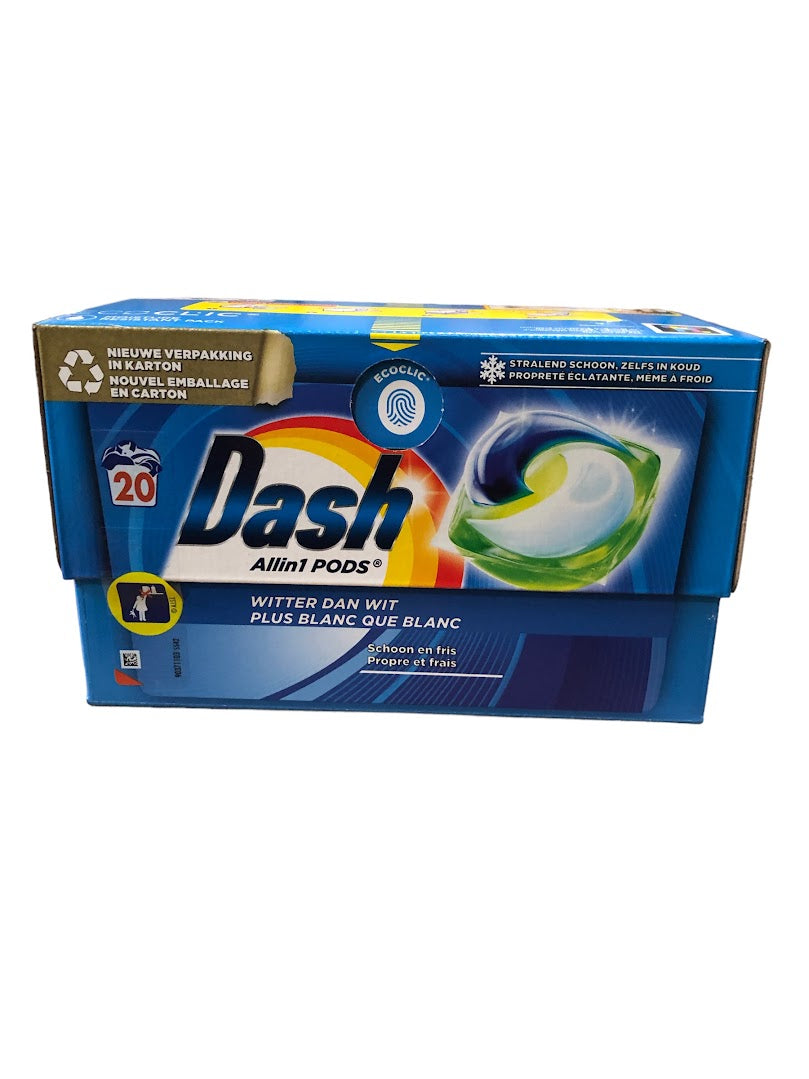 Dash Pods Allin1 20 Washes – Whiter than White, Powerful Cleaning & Radiant White Clothes