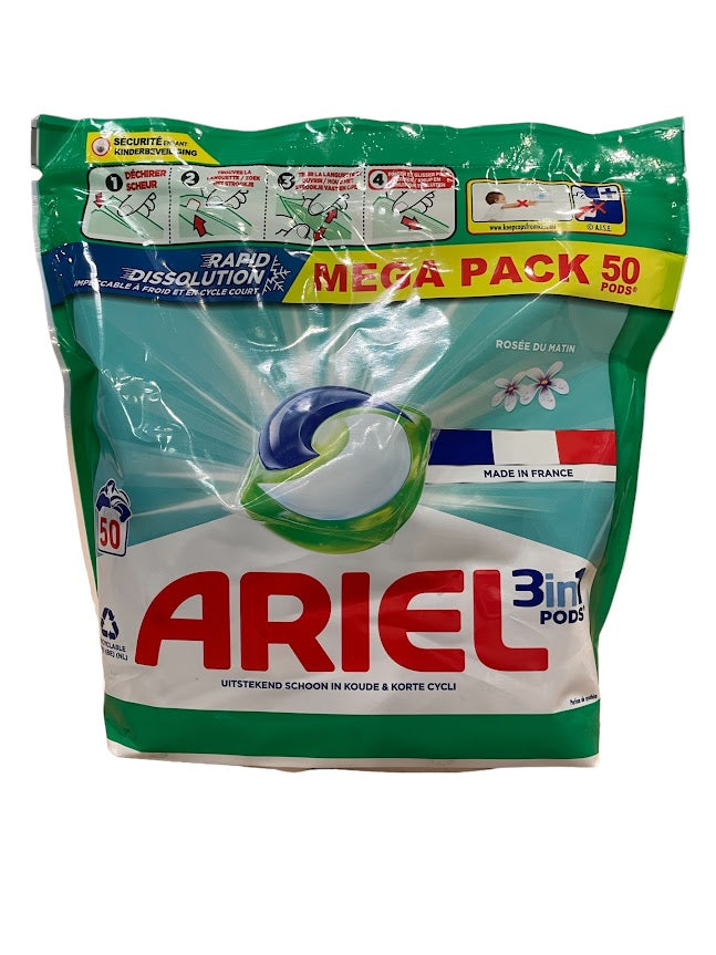 Ariel Pods 3en1 Rosée du Matin – 50 capsules (1025g) – Lessive Éclatante & Parfum Rafraîchissant