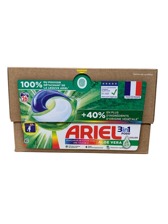 Ariel Pods 3en1 Aloe Vera – 26 capsules (647,4g) – Nettoyage doux et fraîcheur pour les vêtements