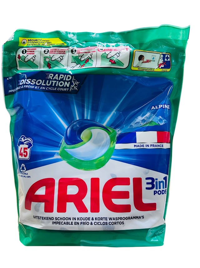 Ariel 3en1 Pods Alpine – 45 capsules (913,5g) – Détachage Puissant & Fraîcheur Longue Durée