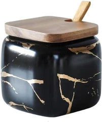 Marble Look Kruidenpot – 360 ml Keramische Spice Jar met Deksel en Lepel – Suiker- & Kruidendispenser (Zwart)