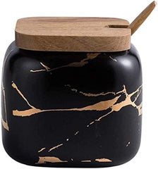 Marble Look Kruidenpot – 360 ml Keramische Spice Jar met Deksel en Lepel – Suiker- & Kruidendispenser (Zwart)
