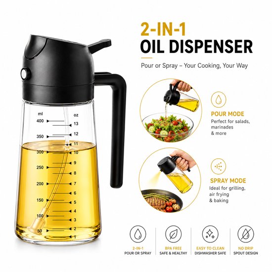 Mont Kiara Olie Sprayer en Dispenser 2-in-1 – 470 ml – Olijfolie Verstuiver