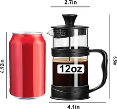 French Press Koffiezetter 350 ml – RVS Filter & Hittebestendig Glas – Cold Brew & Heet Koffie – Reizen & Thuis (Zwart)