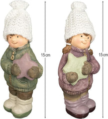 Set van 2 Winterkind Beeldjes – 15 cm Hoog | Decoratieve Figuren voor Kerst & Winterinterieur