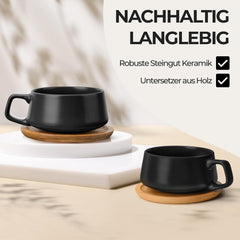 Luxe Set van 4 Koffiekopjes met Schotel – 320 ml – Stoneware – Modern & Elegant – Zwart