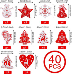 Set van 40 Houten Kerstboomdecoraties – Rode & Witte Hangers met Katoenen Touw en Kralen | Kerstornamenten voor Boom en Interieur