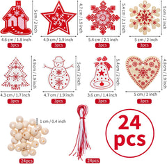 Set van 24 Houten Kerstboom Hangers – Rode & Witte Houten Kerstdecoraties met Touw en Kralen | Kerstversiering voor Boom & Cadeaus