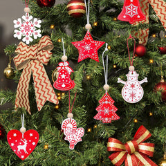 Set van 40 Houten Kerstboomdecoraties – Rode & Witte Hangers met Katoenen Touw en Kralen | Kerstornamenten voor Boom en Interieur