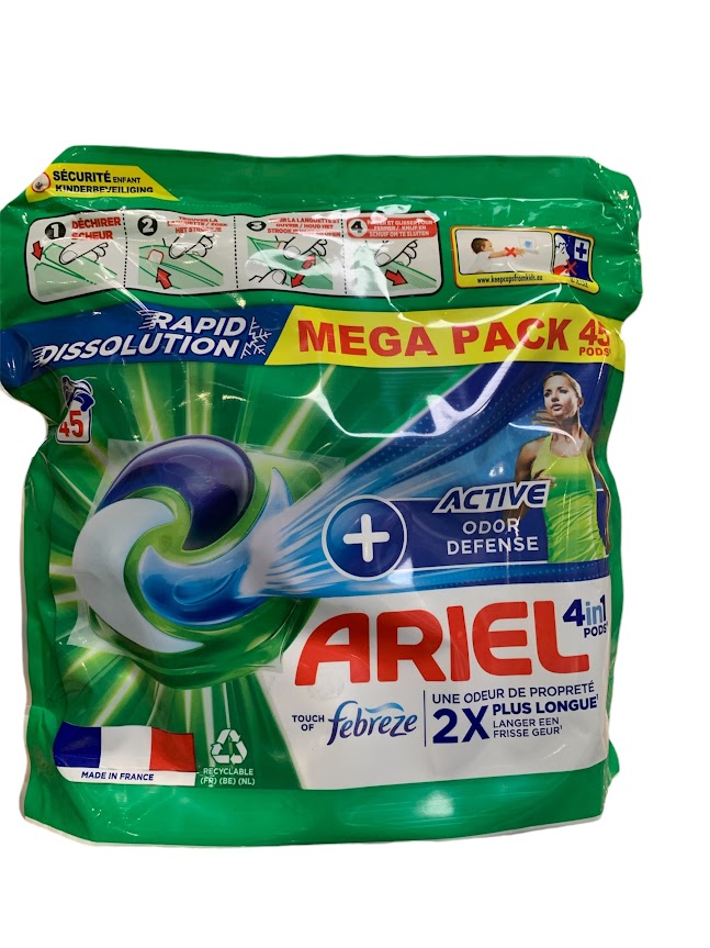Ariel 4en1 Pods + Active Odor Defense – 45 capsules – Nettoyage puissant et fraîcheur longue durée