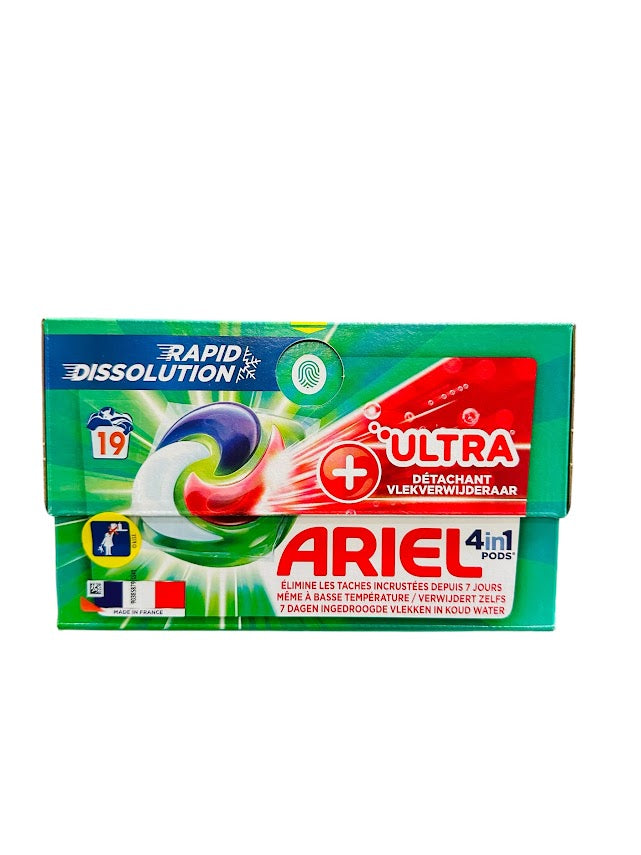 Ariel 4in1 Pods + Ultra Stain Remover – 19 Count (488.3g) – Powerful Stain Removal & Clean Laundry