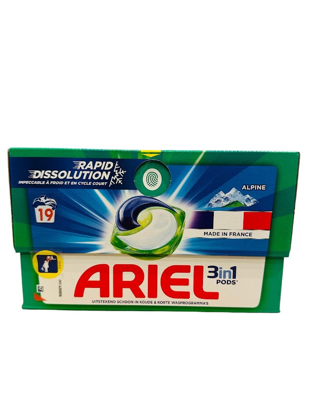 Ariel Pods 3en1 Alpine – 19 capsules (385,7g) – Nettoyage Puissant & Fraîcheur Longue Durée