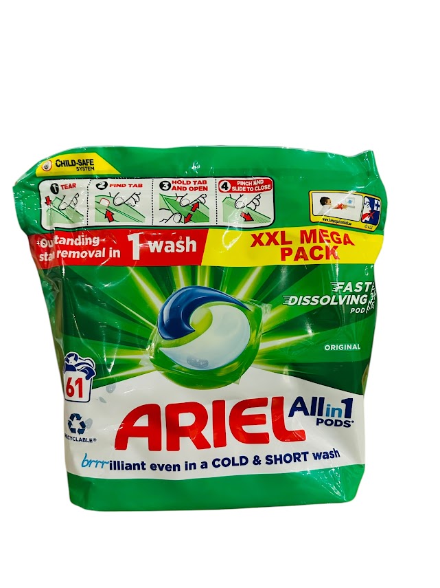 Ariel Allin1 Pods Original – 61 capsules (1165,1g) – Un Linge Éclatant de Propreté et Fraîcheur