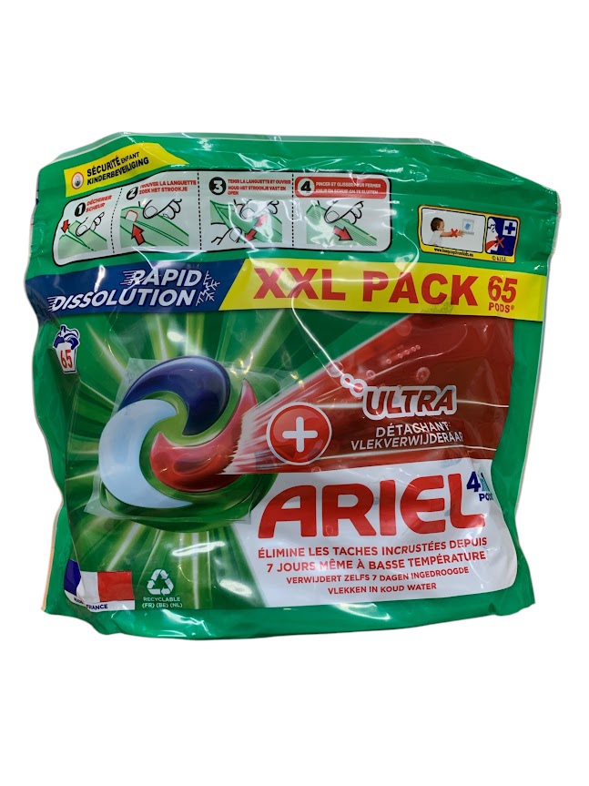 Ariel 4in1 Pods + Ultra Vlekverwijderaar – 65 stuks (1670,5g) – Krachtige Reiniging & Schone Was