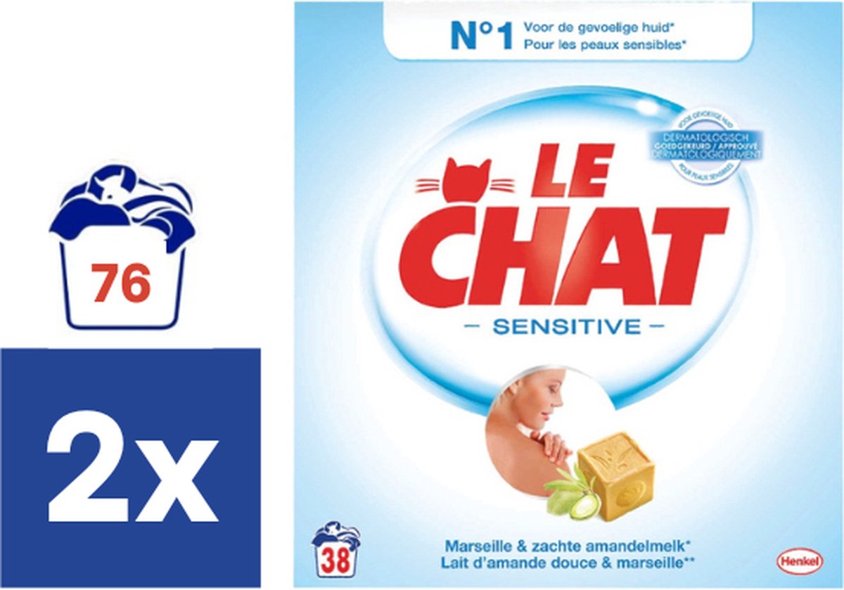 Le Chat Sensitive Savon de Marseille Lessive en Poudre - 2 x 2,4 kg (76 Doses)