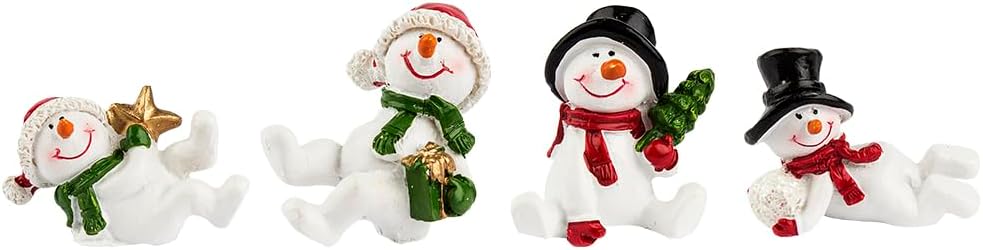 Set van 4 Sneeuwpop Beeldjes – 3 tot 4,5 cm Hoog | Mini Kerstdecoraties voor Tafel, Boom of Dorpje