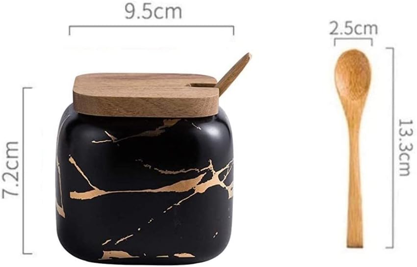 Marble Look Kruidenpot – 360 ml Keramische Spice Jar met Deksel en Lepel – Suiker- & Kruidendispenser (Zwart)