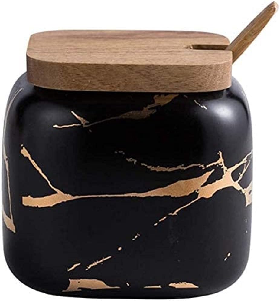 Marble Look Kruidenpot – 360 ml Keramische Spice Jar met Deksel en Lepel – Suiker- & Kruidendispenser (Zwart)