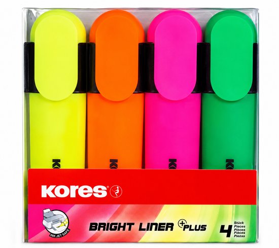 Kores Bright Liner Plus Neon Markeerstiften – 4 Etuis à 4 Kleuren