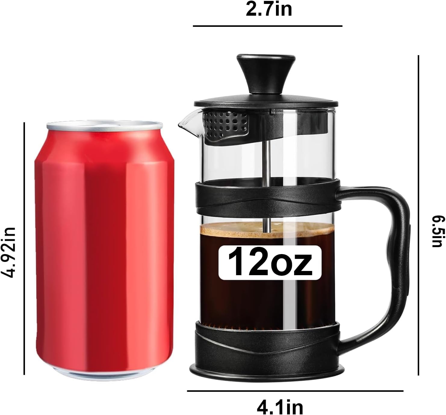 French Press Koffiezetter 350 ml – RVS Filter & Hittebestendig Glas – Cold Brew & Heet Koffie – Reizen & Thuis (Zwart)