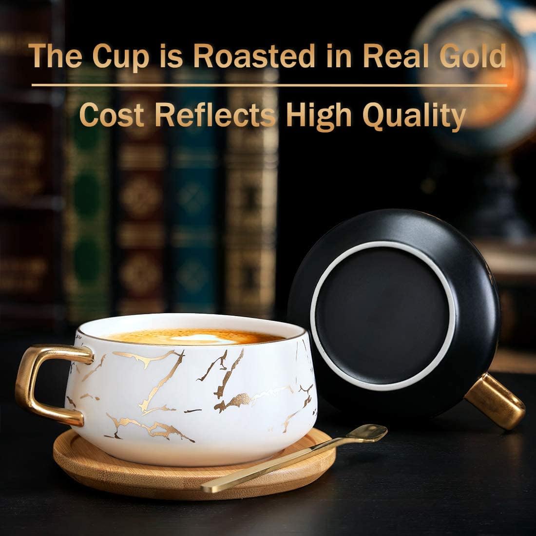 Set van 2 Cappuccino Kopjes met Schotel – 300 ml Porselein – Marmerlook – Inclusief Houten Schotel – Koffie & Thee (Zwart)