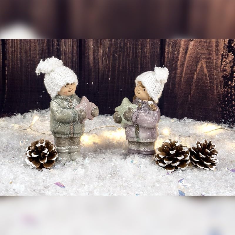 Set van 2 Winterkind Beeldjes – 15 cm Hoog | Decoratieve Figuren voor Kerst & Winterinterieur