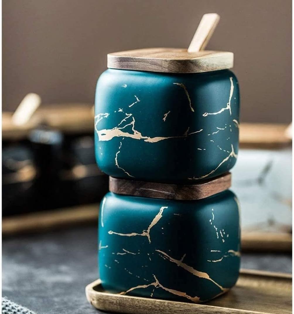 Marble Look Kruidenpot – 360 ml Keramische Spice Jar met Deksel en Lepel – Suiker- & Kruidendispenser (Zwart)