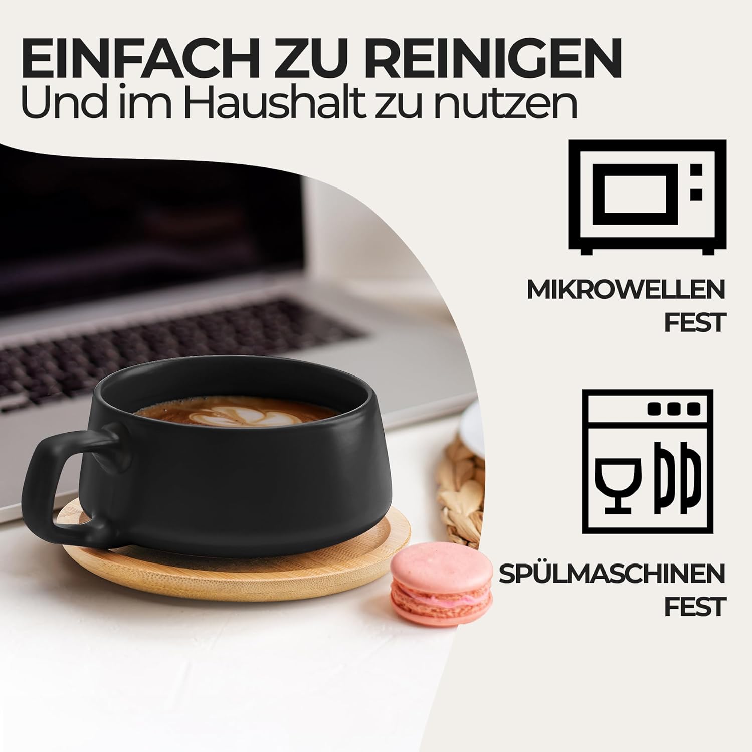 Luxe Set van 4 Koffiekopjes met Schotel – 320 ml – Stoneware – Modern & Elegant – Zwart