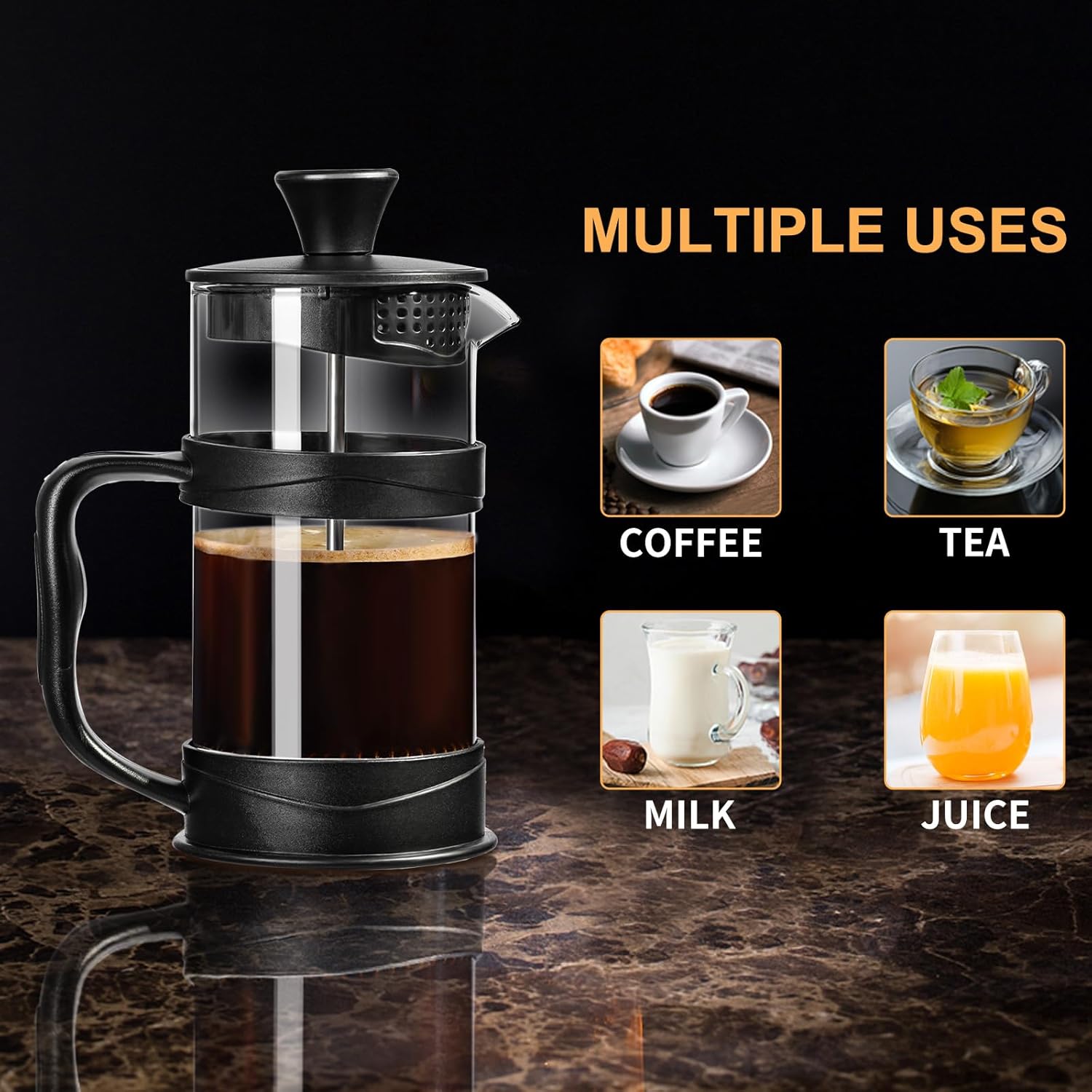 French Press Koffiezetter 350 ml – RVS Filter & Hittebestendig Glas – Cold Brew & Heet Koffie – Reizen & Thuis (Zwart)