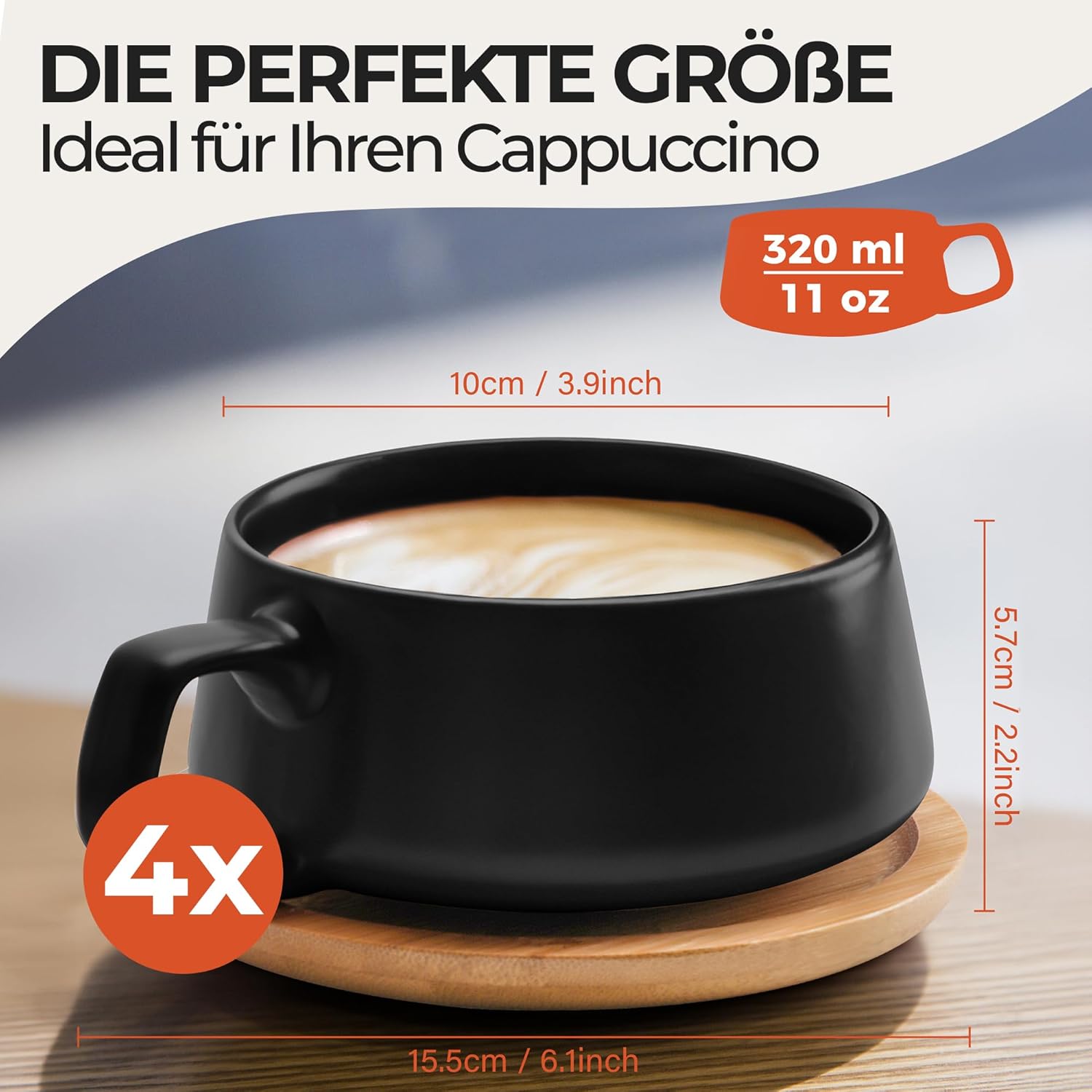 Luxe Set van 4 Koffiekopjes met Schotel – 320 ml – Stoneware – Modern & Elegant – Zwart
