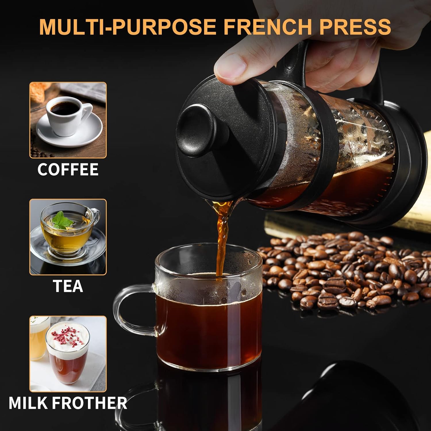French Press Koffiezetter 350 ml – RVS Filter & Hittebestendig Glas – Cold Brew & Heet Koffie – Reizen & Thuis (Zwart)