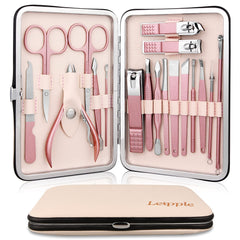 Leipple Manicure & Pedicure Set – 18-Delige RVS Nagelverzorgingskit met Luxe Leren Etui (Beige/Roze) | Professionele Nail Clippers Set voor Thuis & Reizen