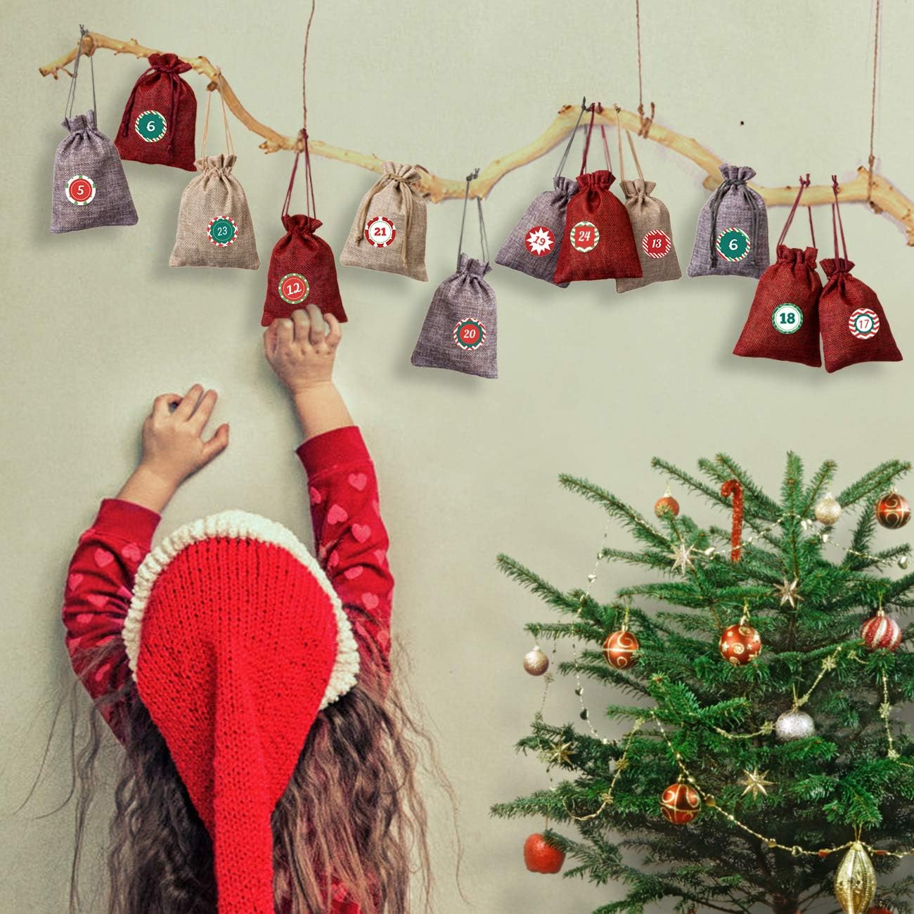 24 x Jute Sacks Red Jute Bags for Advent Calendar Fabric Bag Natural Gift Bags 10 x 14 cm