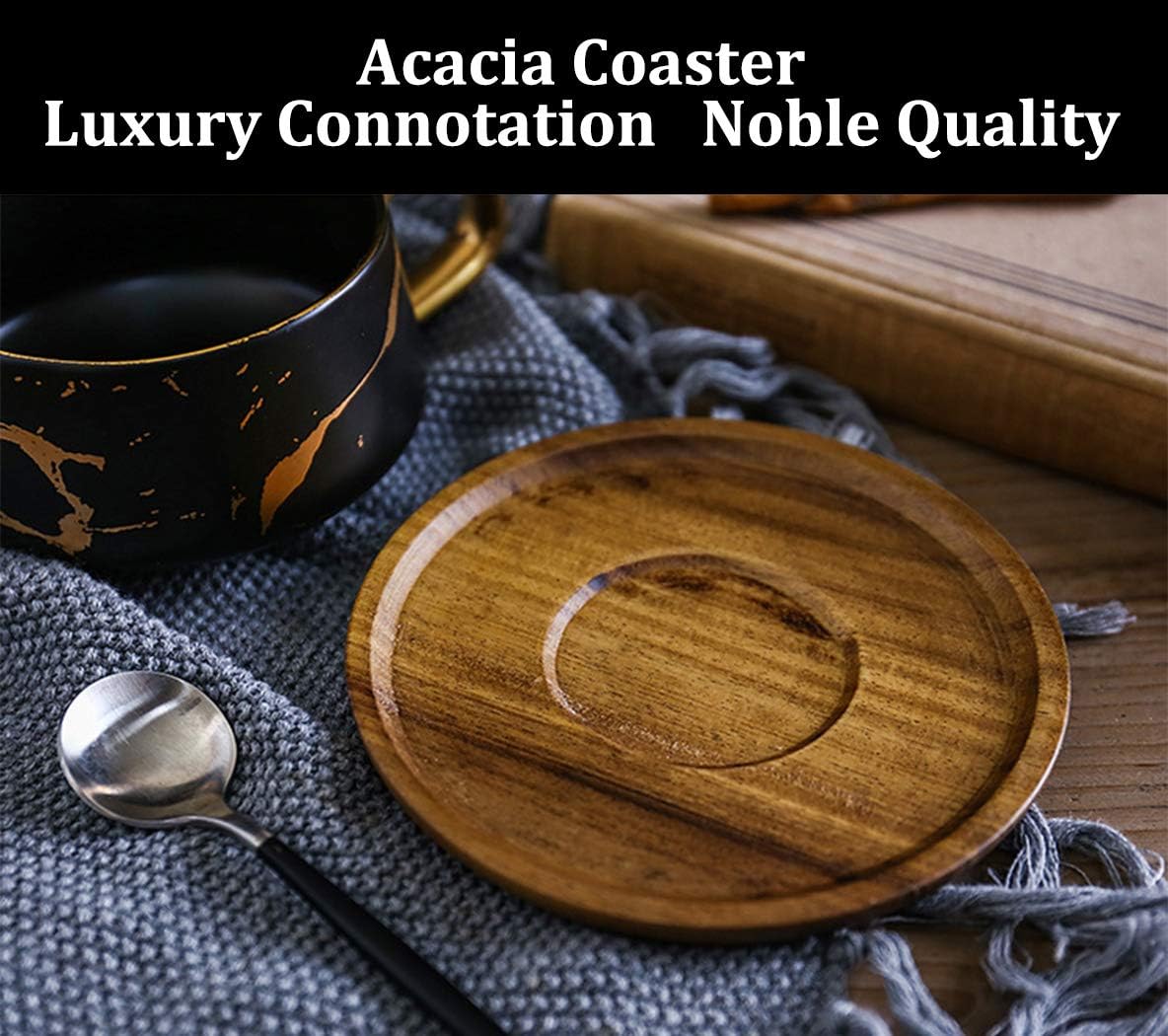 Set van 2 Cappuccino Kopjes met Schotel – 300 ml Porselein – Marmerlook – Inclusief Houten Schotel – Koffie & Thee (Zwart)