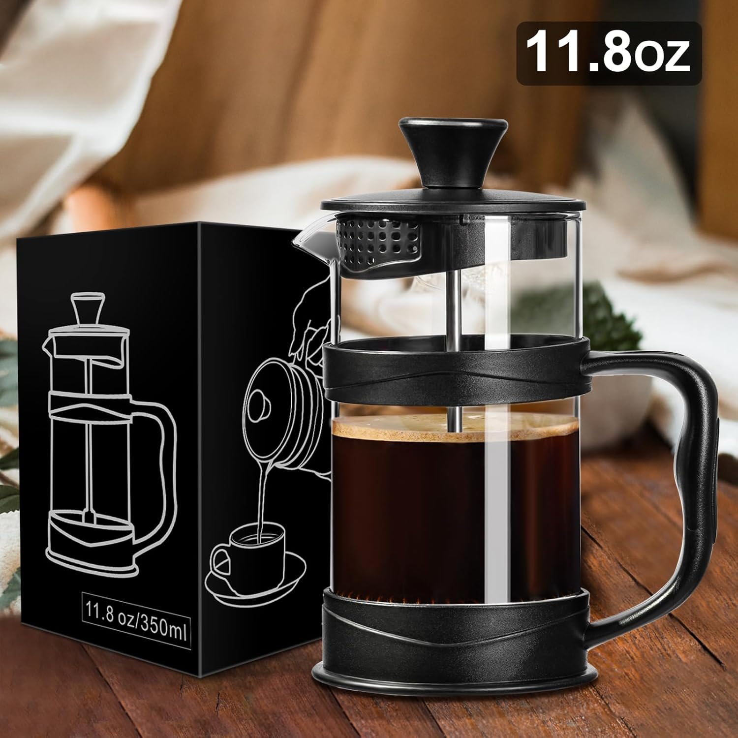 French Press Koffiezetter 350 ml – RVS Filter & Hittebestendig Glas – Cold Brew & Heet Koffie – Reizen & Thuis (Zwart)