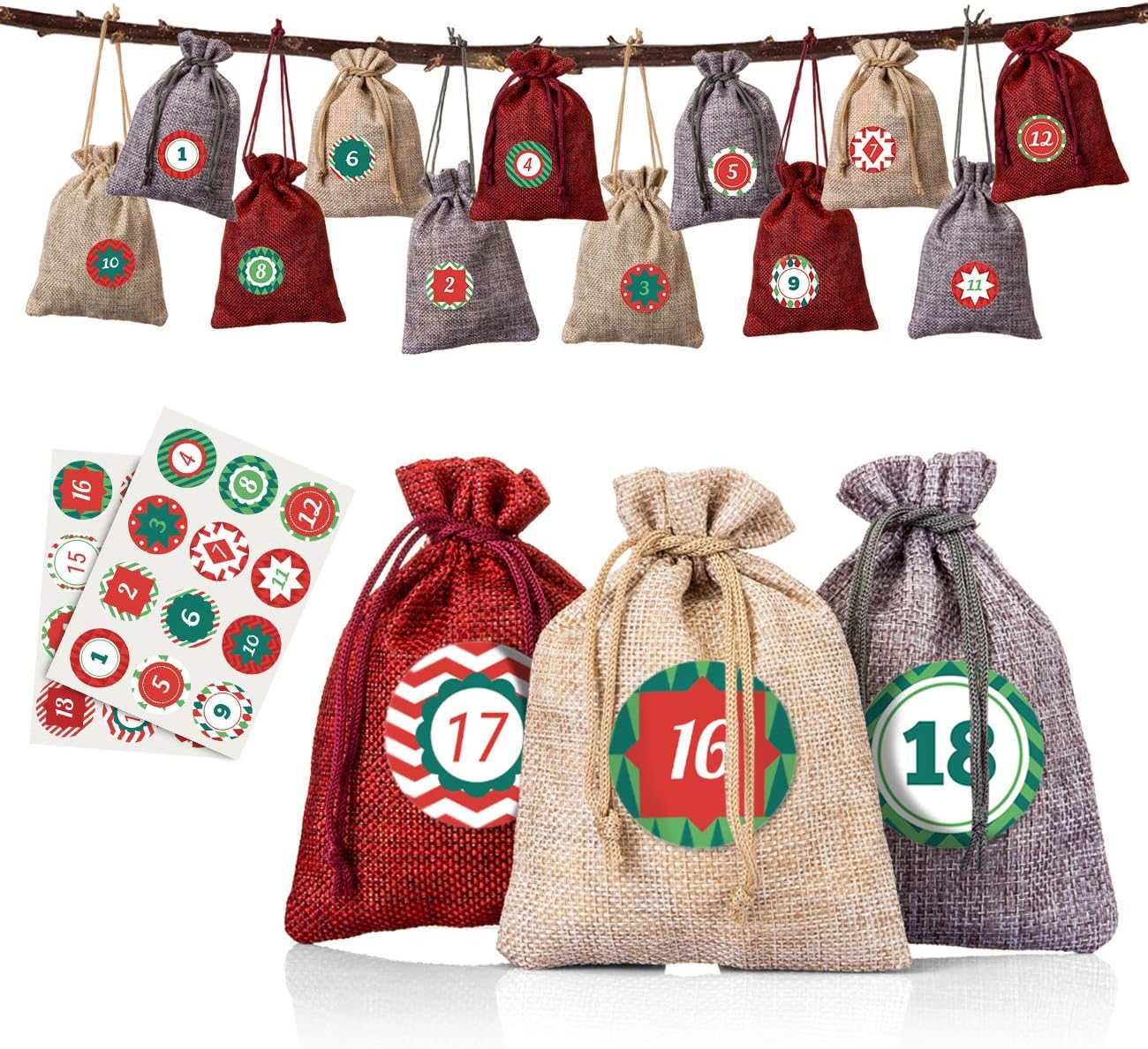 24 x Jute Sacks Red Jute Bags for Advent Calendar Fabric Bag Natural Gift Bags 10 x 14 cm