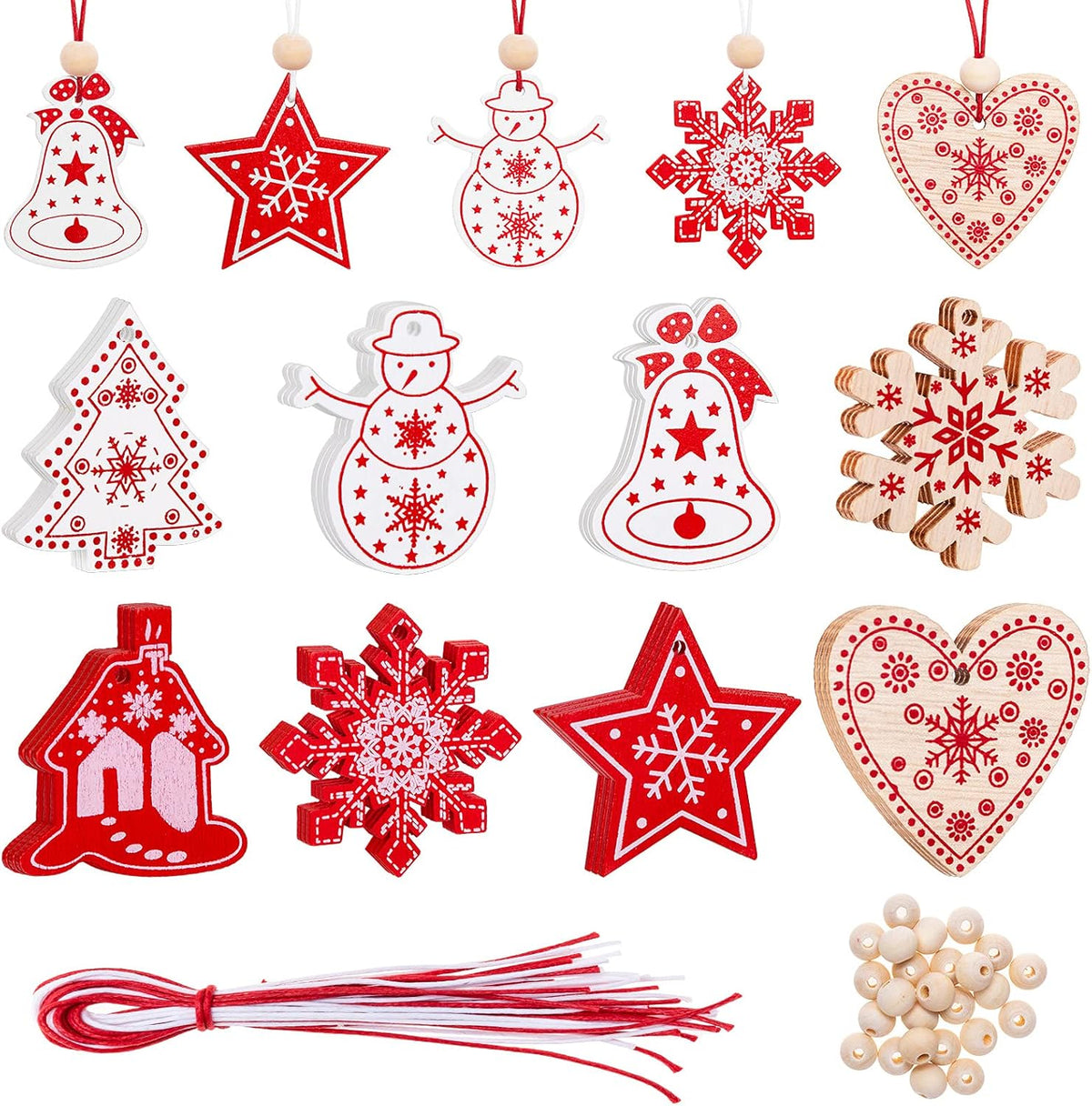 Set van 24 Houten Kerstboom Hangers – Rode & Witte Houten Kerstdecoraties met Touw en Kralen | Kerstversiering voor Boom & Cadeaus