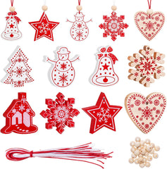 Set van 24 Houten Kerstboom Hangers – Rode & Witte Houten Kerstdecoraties met Touw en Kralen | Kerstversiering voor Boom & Cadeaus