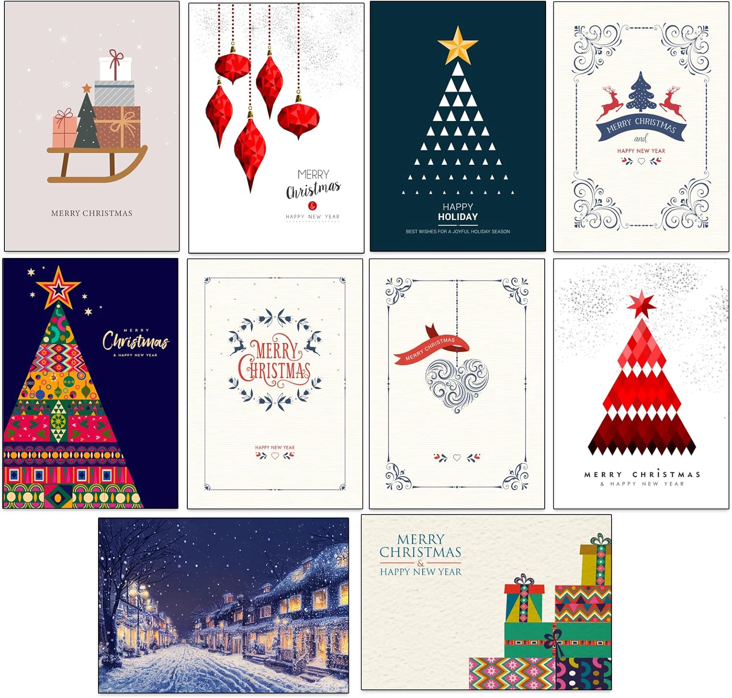 Set van 50 Populaire Kerstkaarten – 50 Unieke Ontwerpen met Gerecyclede Kraft Enveloppen | Milieuvriendelijke Wenskaarten