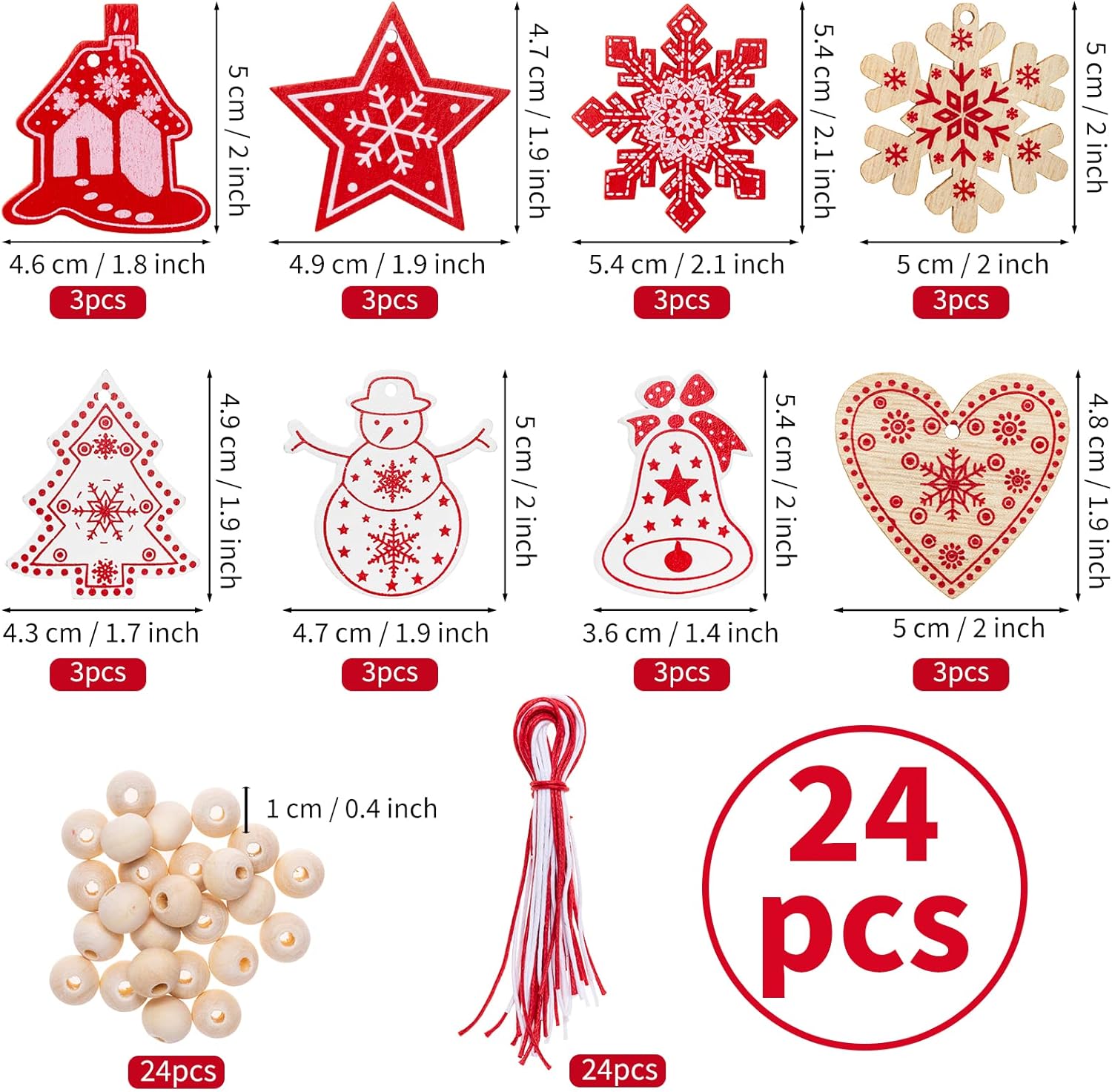 Set van 24 Houten Kerstboom Hangers – Rode & Witte Houten Kerstdecoraties met Touw en Kralen | Kerstversiering voor Boom & Cadeaus