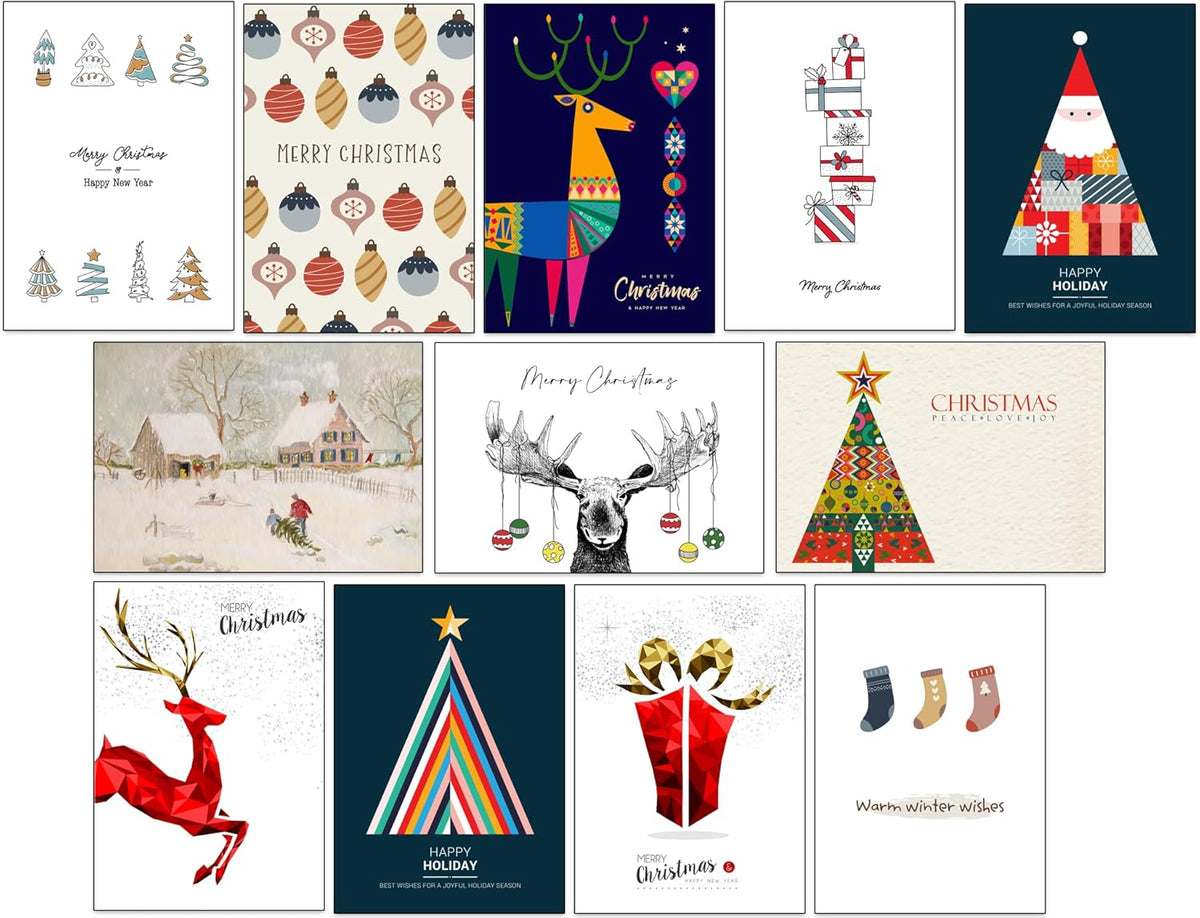 Set van 50 Populaire Kerstkaarten – 50 Unieke Ontwerpen met Gerecyclede Kraft Enveloppen | Milieuvriendelijke Wenskaarten