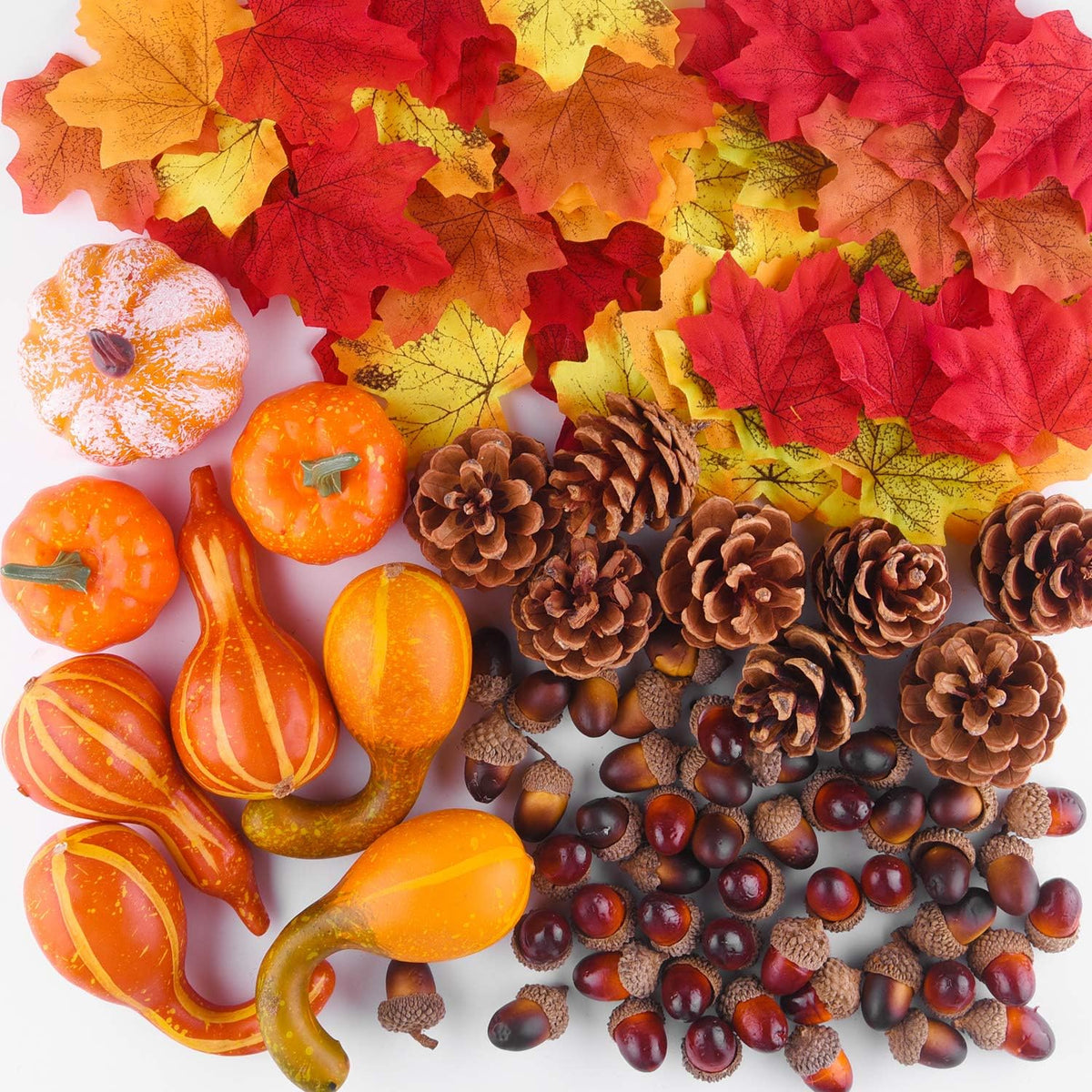Herfstdecoratie Set – Mini Pompoenen, Dennenappels, Herfstbladeren & Eikels | Perfect voor Halloween & Thanksgiving