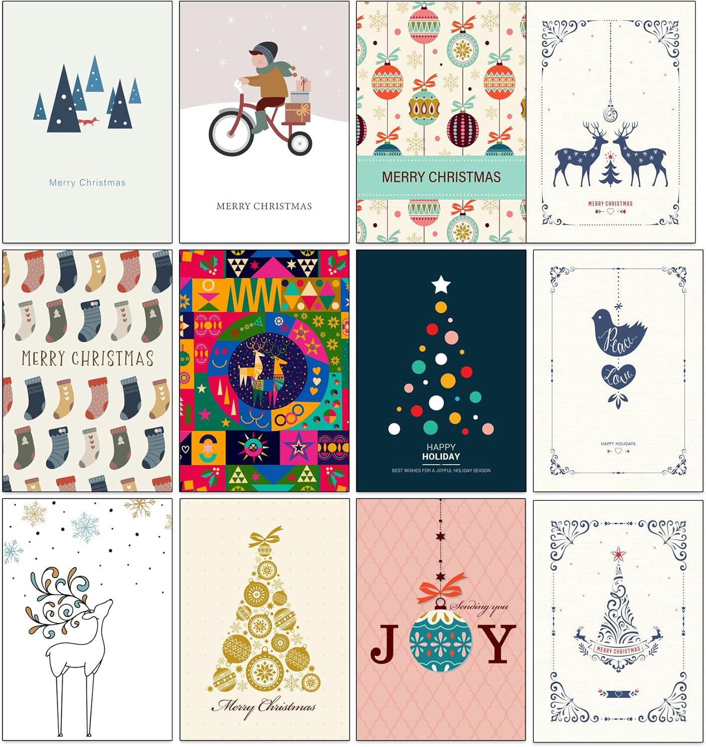 Set van 50 Populaire Kerstkaarten – 50 Unieke Ontwerpen met Gerecyclede Kraft Enveloppen | Milieuvriendelijke Wenskaarten