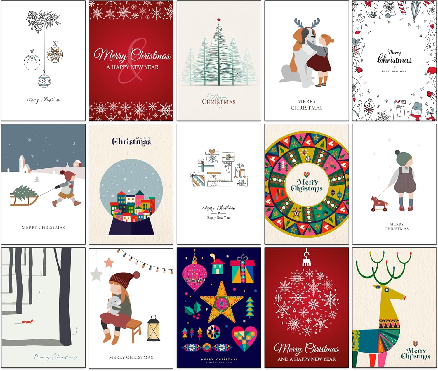 Set van 50 Populaire Kerstkaarten – 50 Unieke Ontwerpen met Gerecyclede Kraft Enveloppen | Milieuvriendelijke Wenskaarten