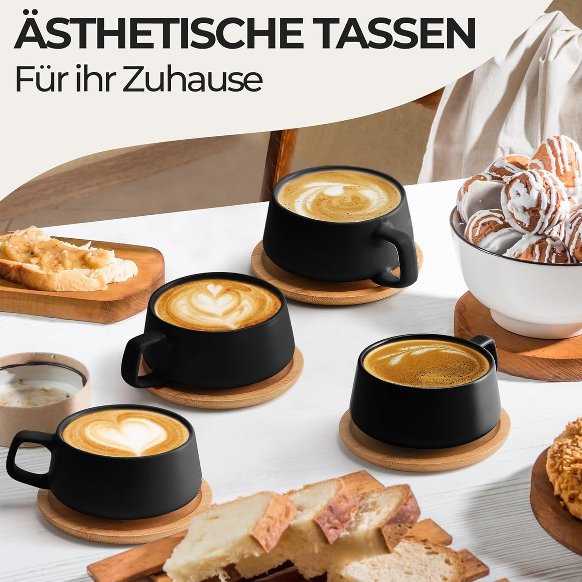 Luxe Set van 4 Koffiekopjes met Schotel – 320 ml – Stoneware – Modern & Elegant – Zwart