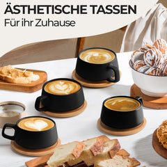 Luxe Set van 4 Koffiekopjes met Schotel – 320 ml – Stoneware – Modern & Elegant – Zwart