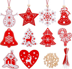Set van 40 Houten Kerstboomdecoraties – Rode & Witte Hangers met Katoenen Touw en Kralen | Kerstornamenten voor Boom en Interieur