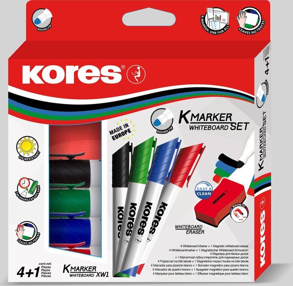 Whiteboard & Flipover markers Kores XW1. ronde punt 3mm 4 stuks en wisser